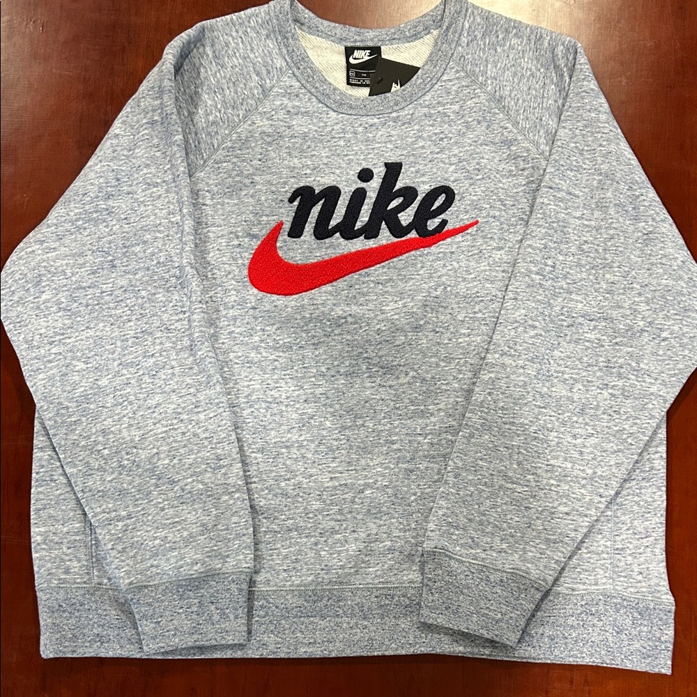 Nike Men's Heather Gray Crewneck Sweater with Red Swoosh